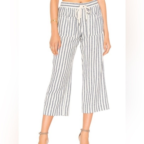 Splendid blue & white striped cotton linen wide leg cropped pants - Large - Picture 1 of 7